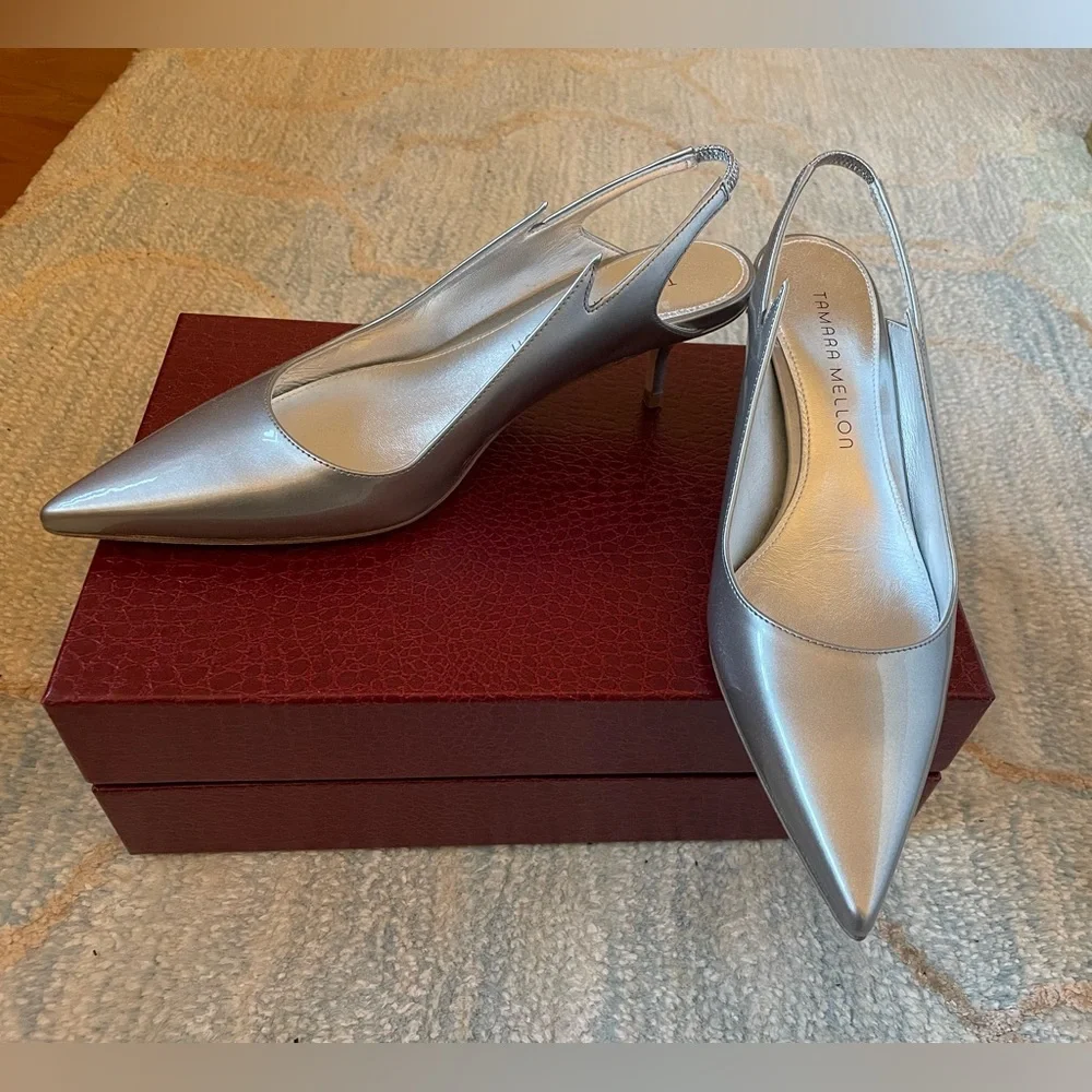 NIB Tamara Mellon Flare Argento Silver Patent Leather Heels (Size 35.5) - Picture 1 of 3